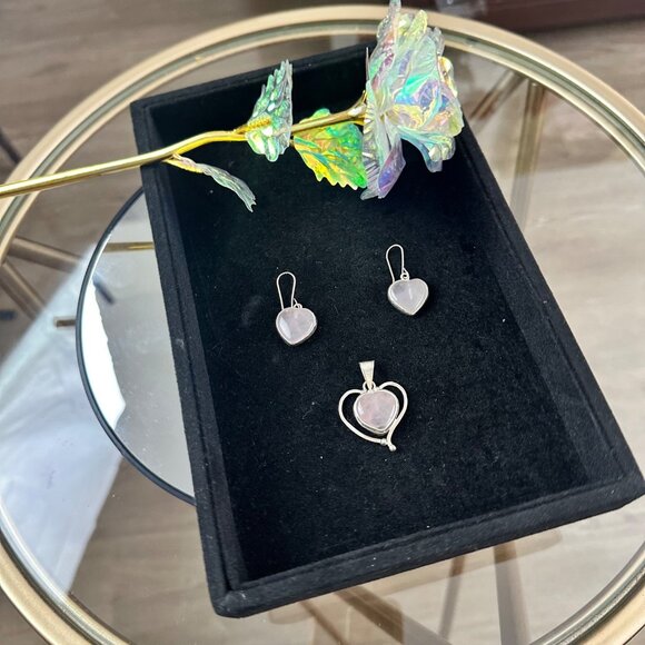 Heart-Shaped Rose Quartz Earrings & Pendant Set In Silver 925 Frame Handmade & C - Picture 7 of 9